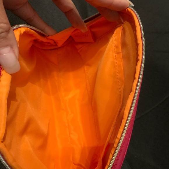 BVLGARI cosmetic or travel bag in a crimson red and gold hardware. NWOT - Picture 10 of 12